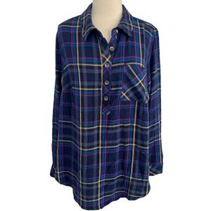 Torrid Blue Party Plaid Long Sleeve Crinkle Gauze Blouse Size 1